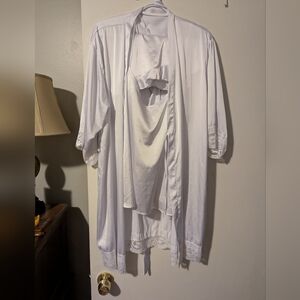 White Lace Trim Robe with Tank and Ruffle Shorts Set